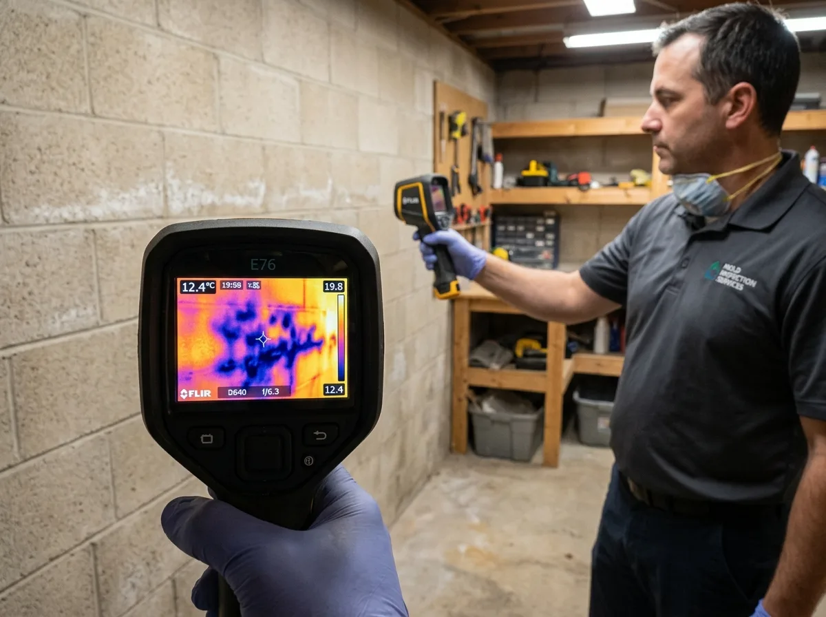 Thermal imaging camera display revealing hidden moisture patterns behind a Littleton basement wall during mold inspection